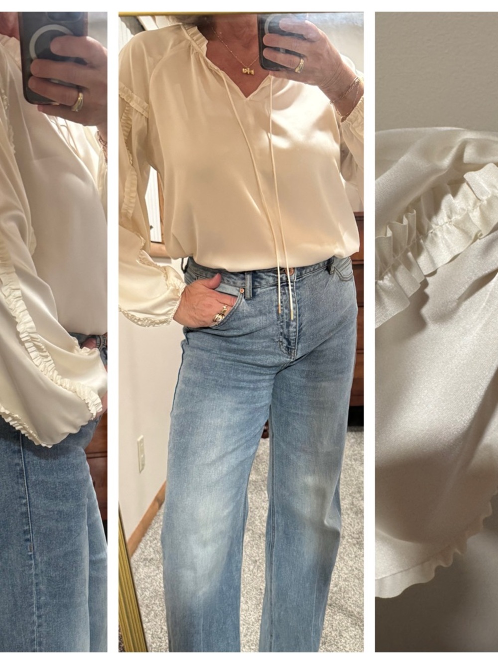 CAbi Cream Ruffle-Trim Blouse